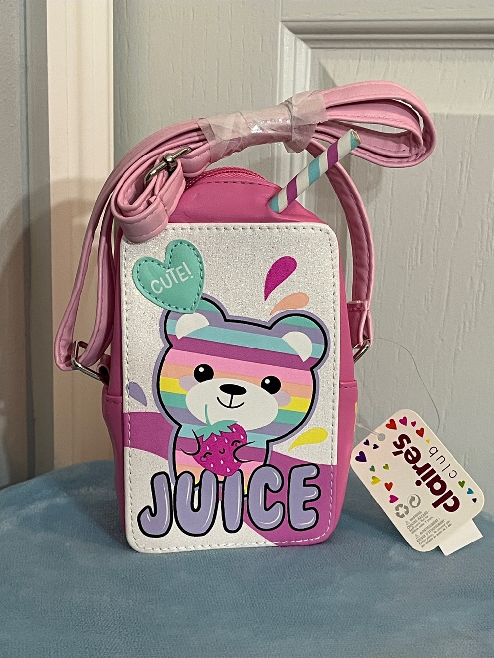 Claire’s Club Teddy Bear Juice Box Rainbow Crossbody Bag Purse NWT